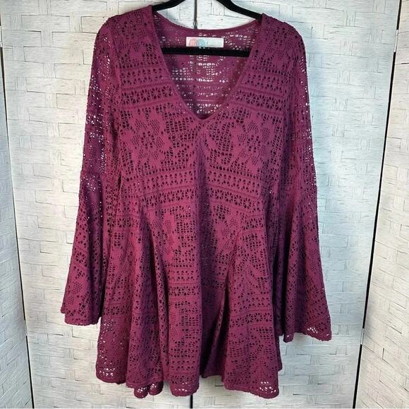 Free People Beach Goldie Swing cover-up Dress, lace costal trumpets sleeves - Picture 1 of 7